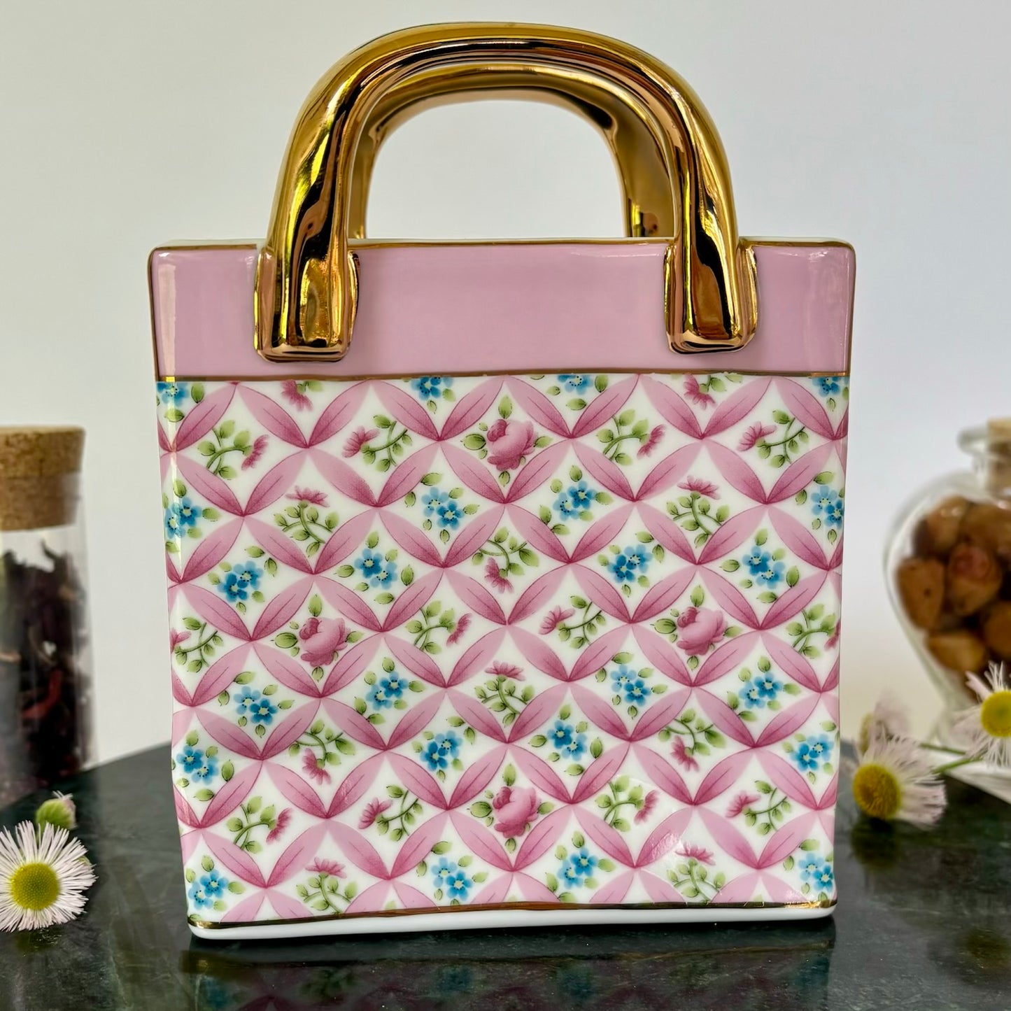 Porcelain Purse Planter / Vase |⋆˙⟡ | Pink Floral Lattice Gold Handle Vanity Decor