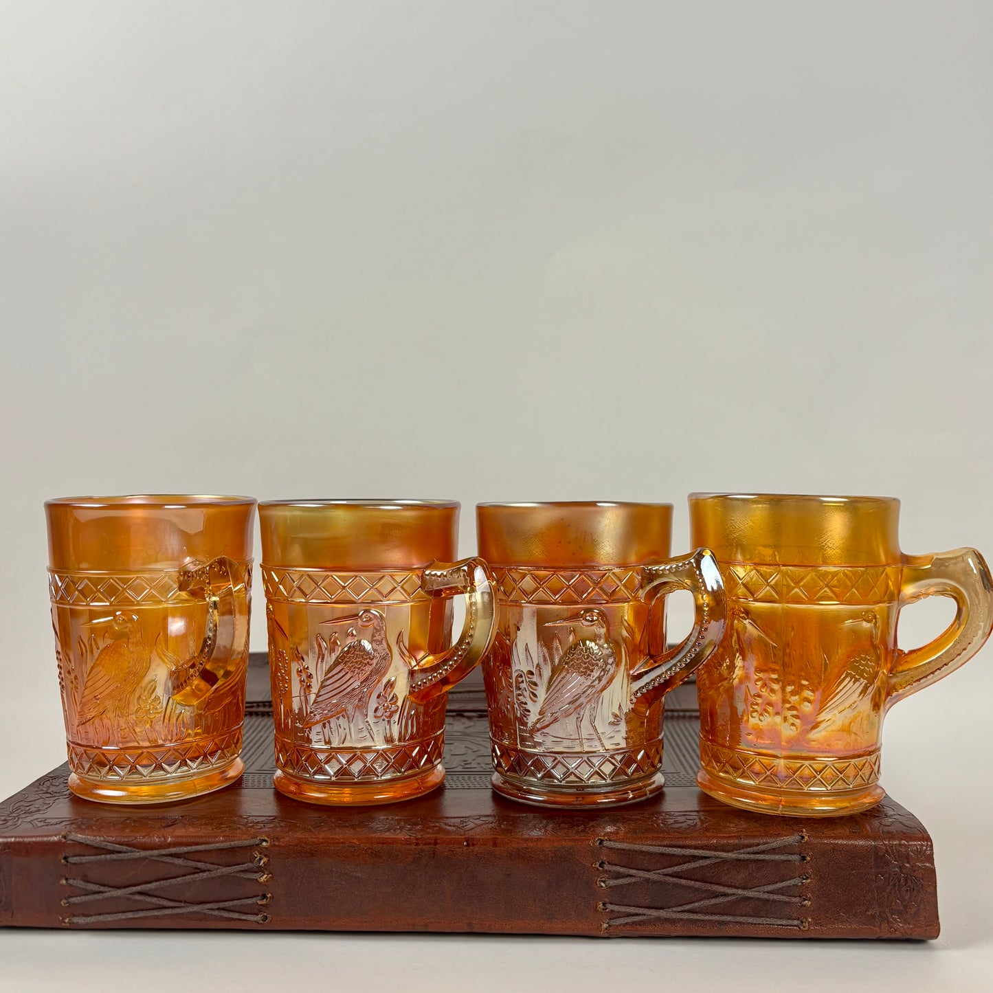 Antique Dugan Stork & Rushes Carnival Glass Mugs – Set of 4 |⋆˙⟡| Circa 1910