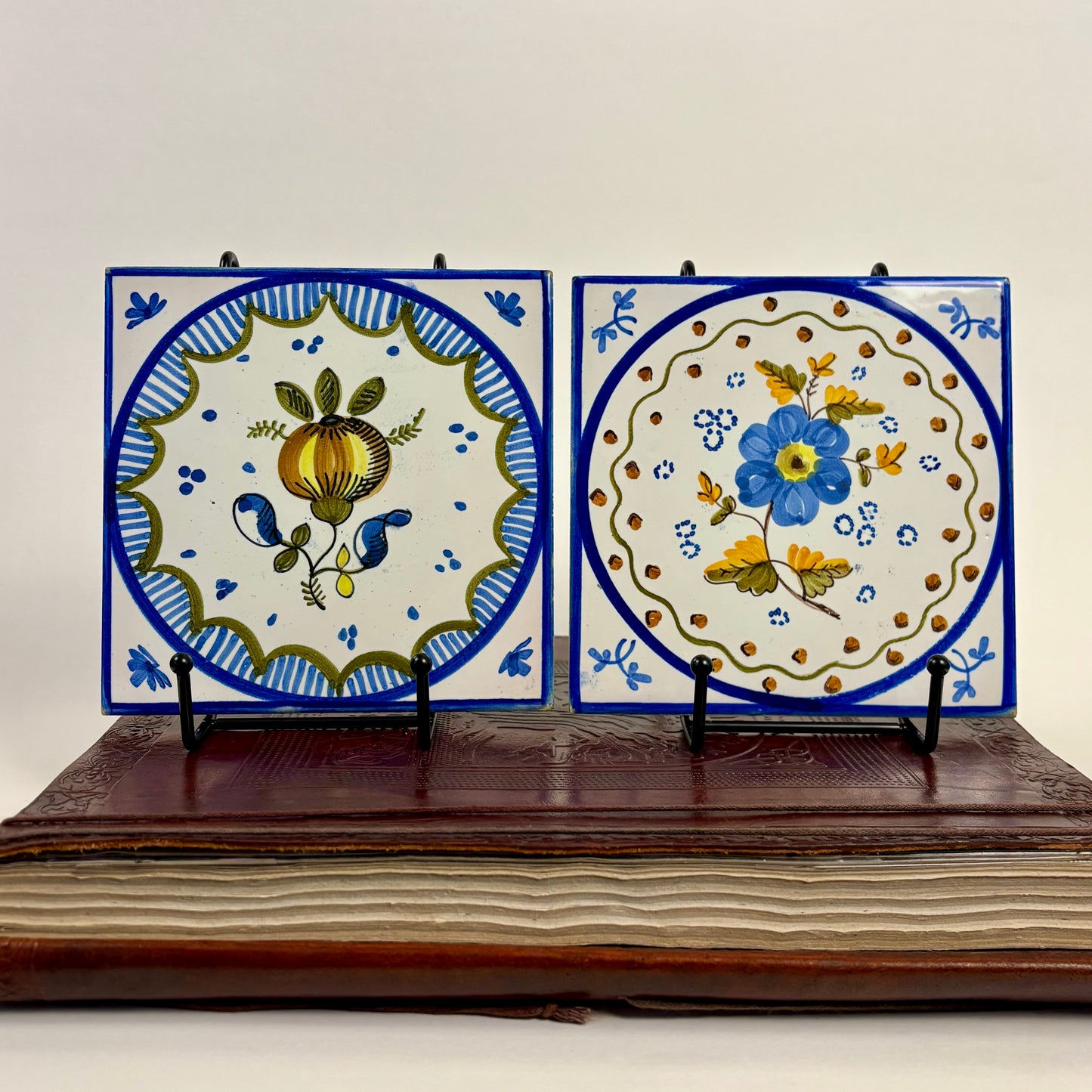 Vintage Hand Painted Floral Ceramic Wall Tiles |⋆˙⟡ | Set of 2, Blue & White Folk Art Tiles