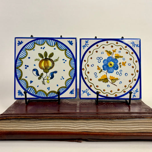 Vintage Hand Painted Floral Ceramic Wall Tiles |⋆˙⟡ | Set of 2, Blue & White Folk Art Tiles