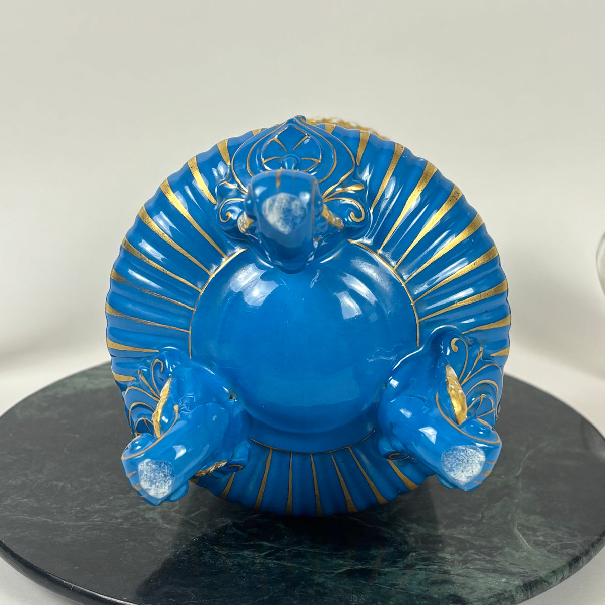 Antique Hand-Painted Bird & Floral Porcelain Vase |⋆˙⟡| Blue & Gold Footed Vase
