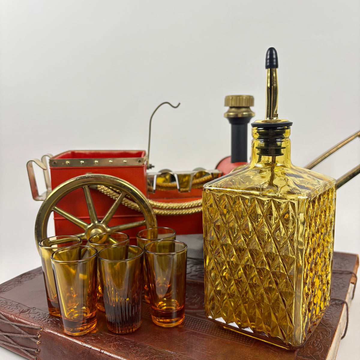 Vintage Japanese Musical Fire Wagon Decanter Set |⋆˙⟡| Amber Glass Barware