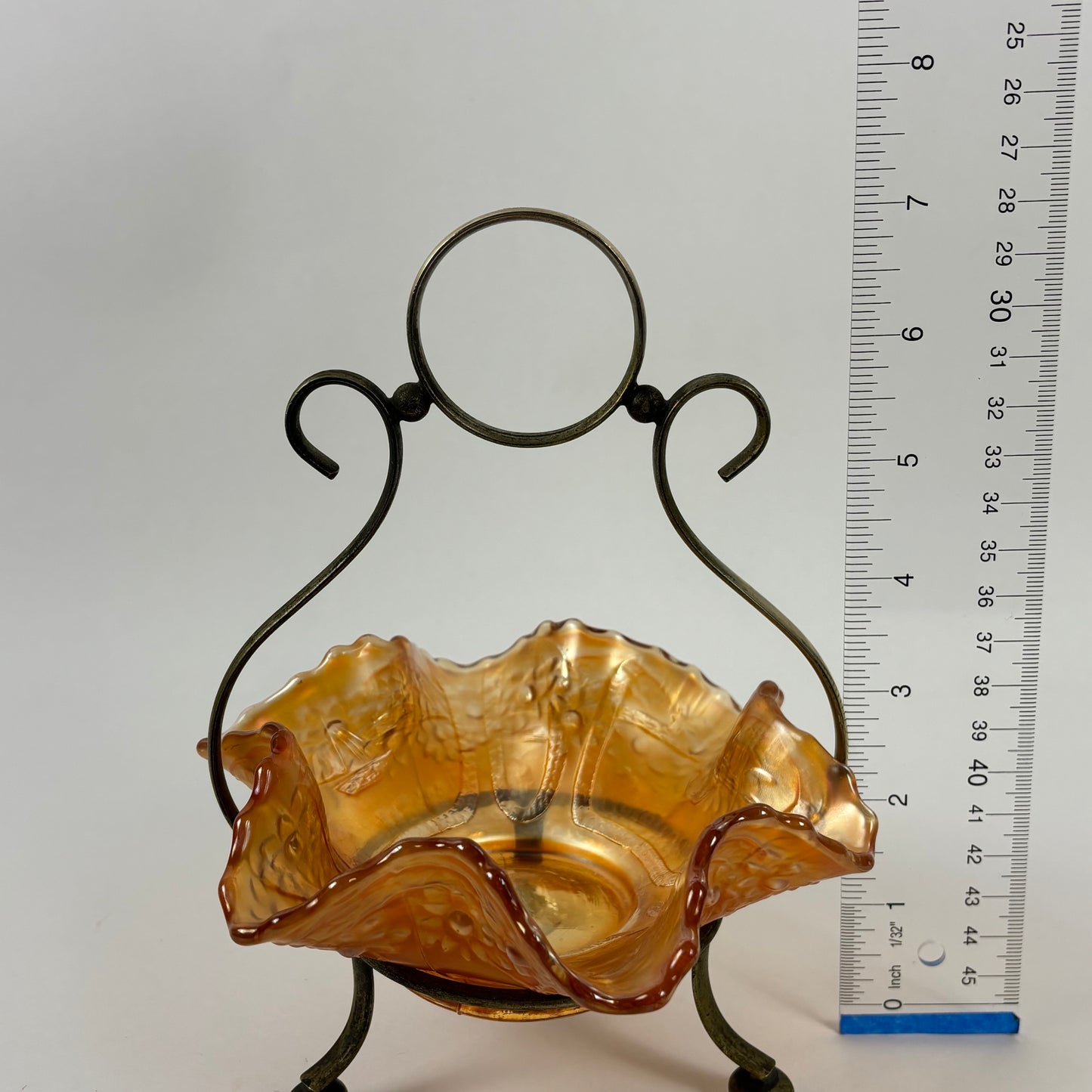 Antique Fenton Sailboats Marigold Carnival Glass Bowl |⋆˙⟡| with Brass Stand, c. Early 1900s