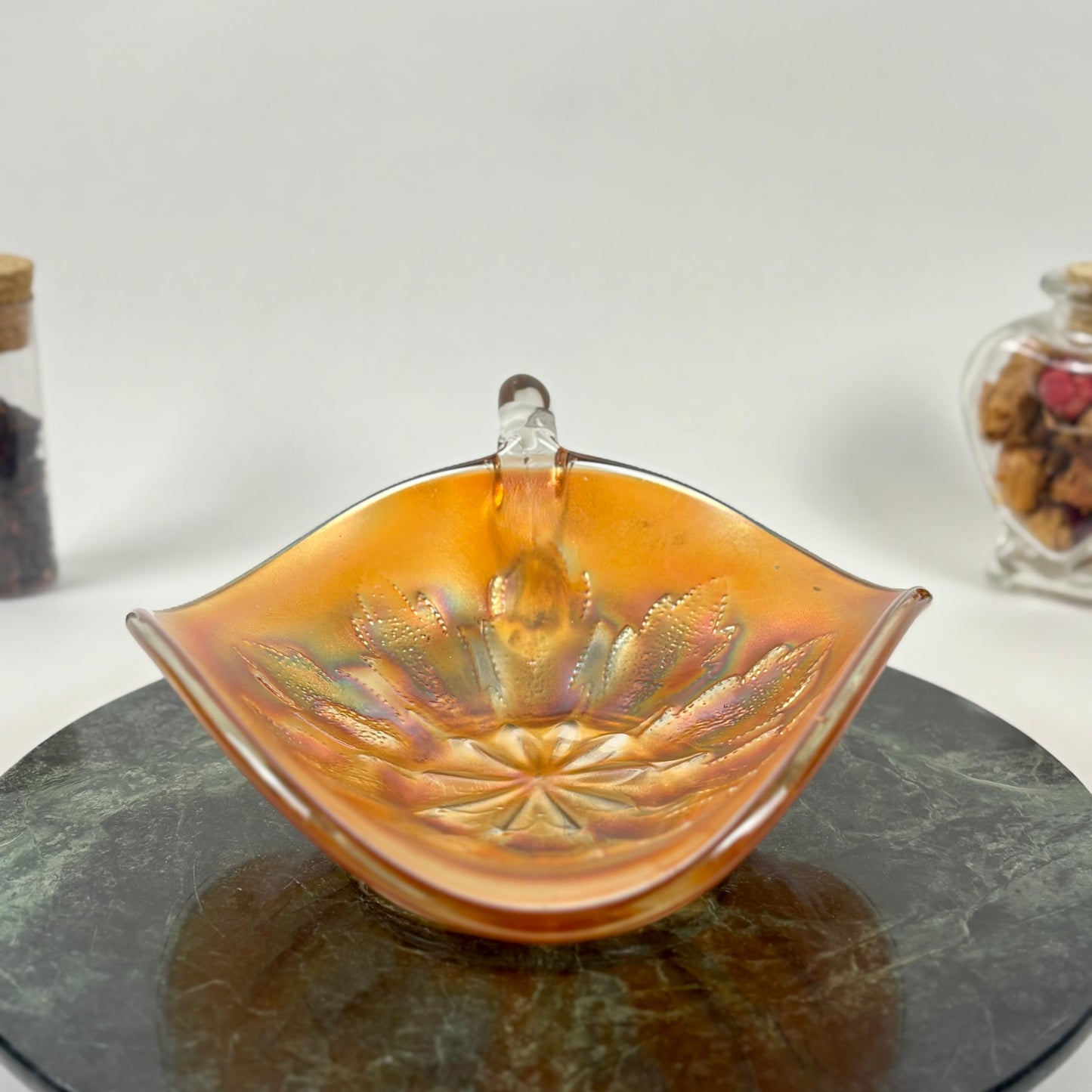 Antique Dugan Glass Leaf Ray Marigold Carnival Glass Nappy Dish |⋆˙⟡| Iridescent Handled Bowl, c. 1910