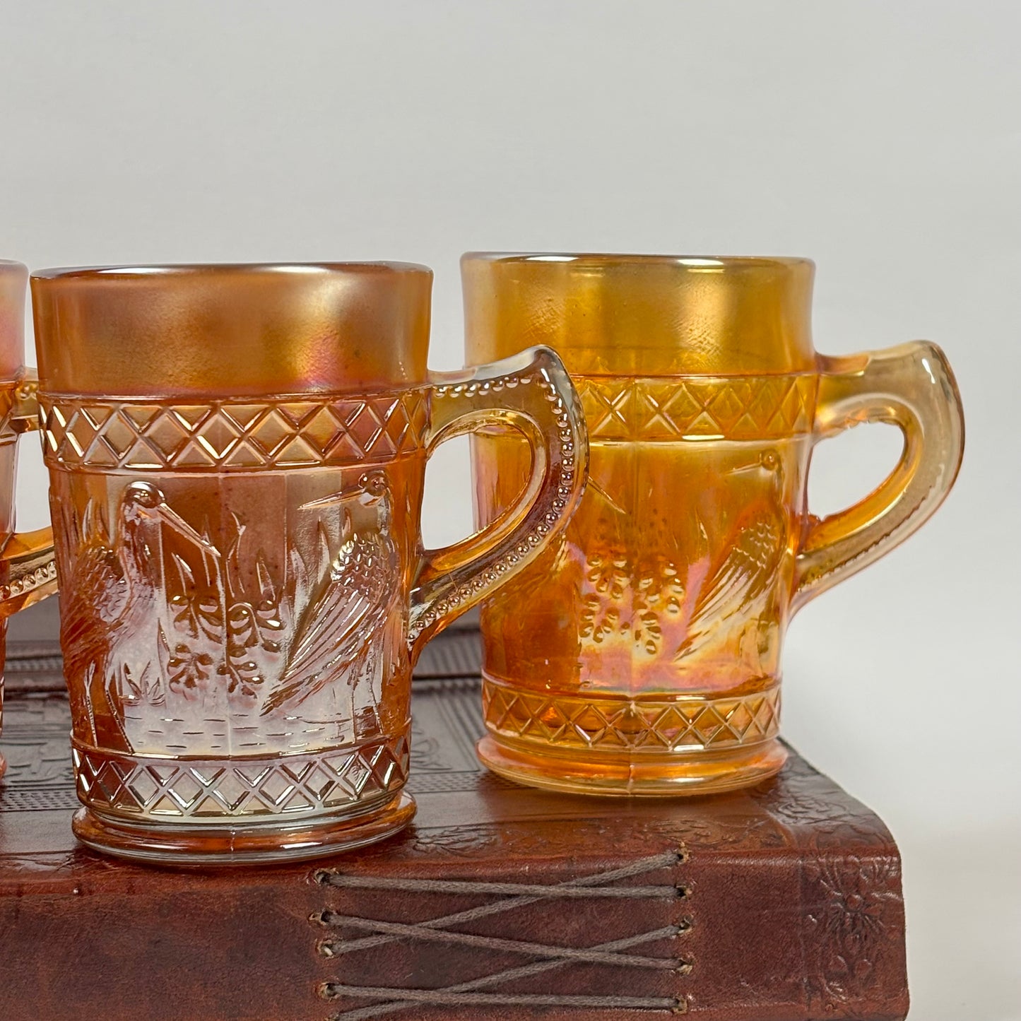 Antique Dugan Stork & Rushes Carnival Glass Mugs – Set of 4 |⋆˙⟡| Circa 1910