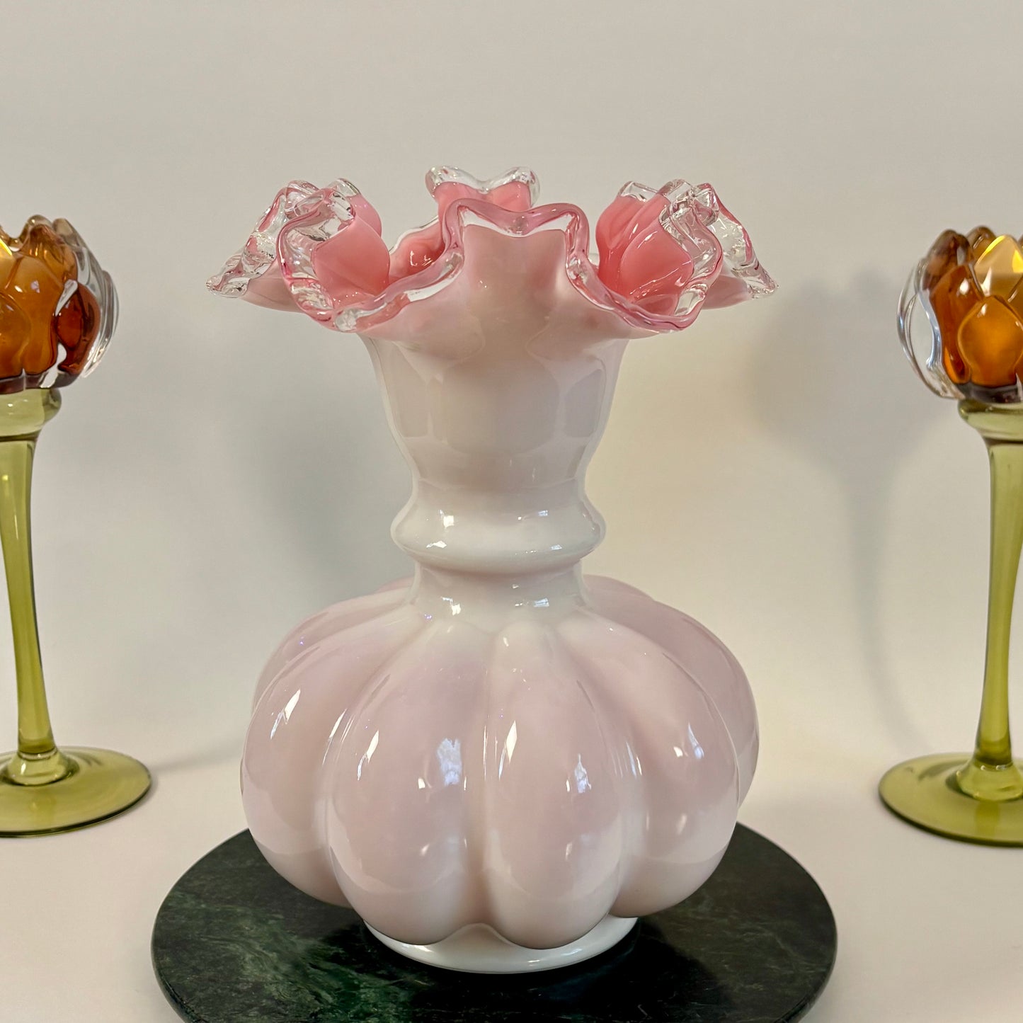 Vintage Pink Milk Glass Ruffled Vase ⋆˙⟡ Fenton Peach Crest Style