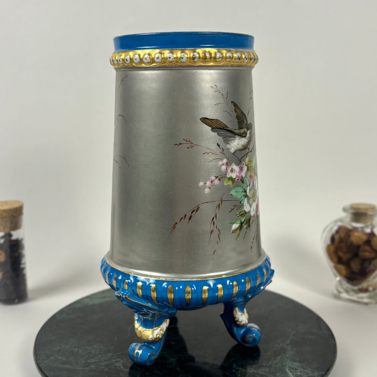 Antique Hand-Painted Bird & Floral Porcelain Vase |⋆˙⟡| Blue & Gold Footed Vase