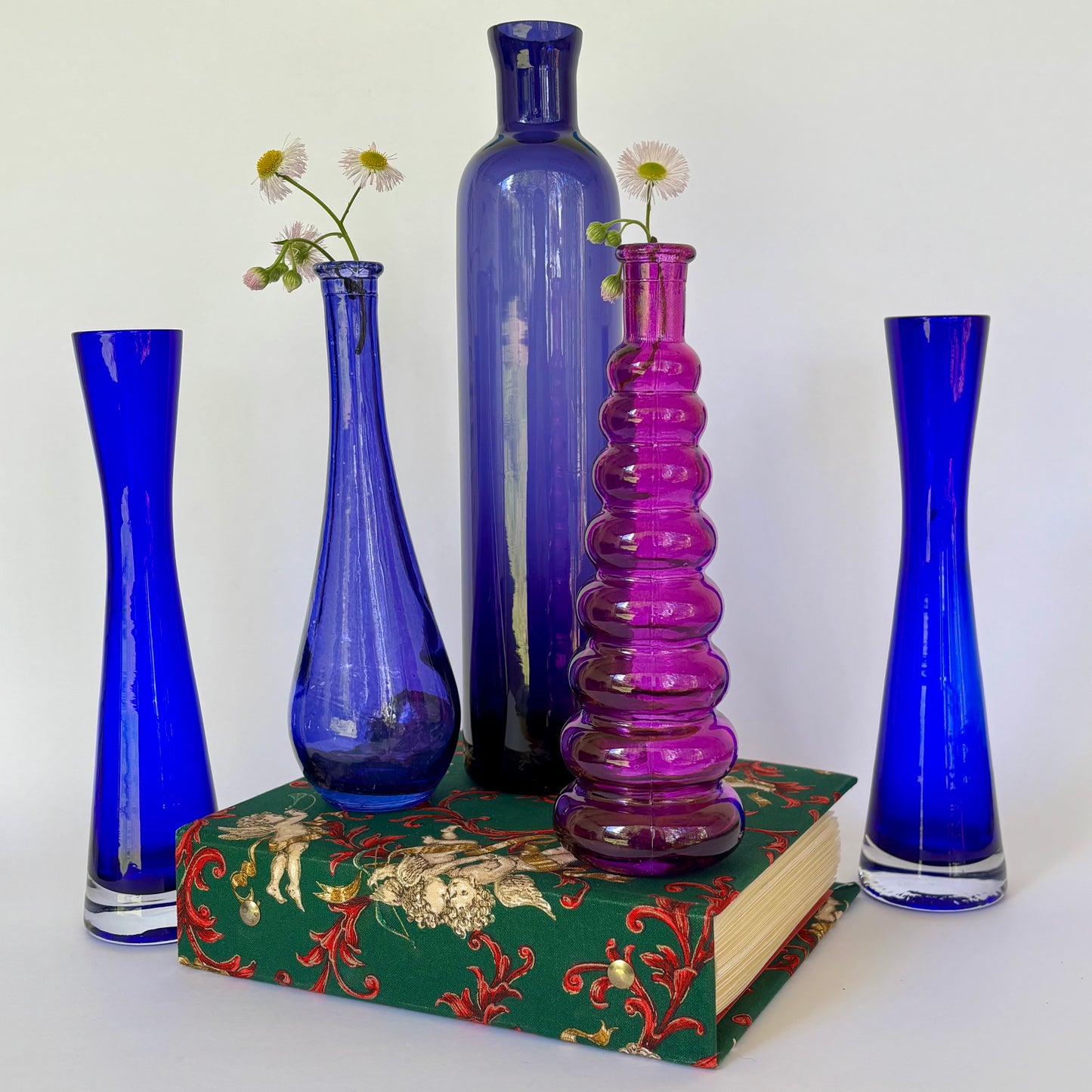 Vintage Cobalt Blue & Magenta Art Glass Bottle Vase Collection |⋆˙⟡ | Mid Century / Boho Eclectic Decor Set of 5