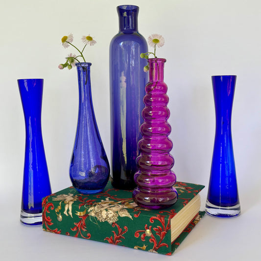 Vintage Cobalt Blue & Magenta Art Glass Bottle Vase Collection |⋆˙⟡ | Mid Century / Boho Eclectic Decor Set of 5