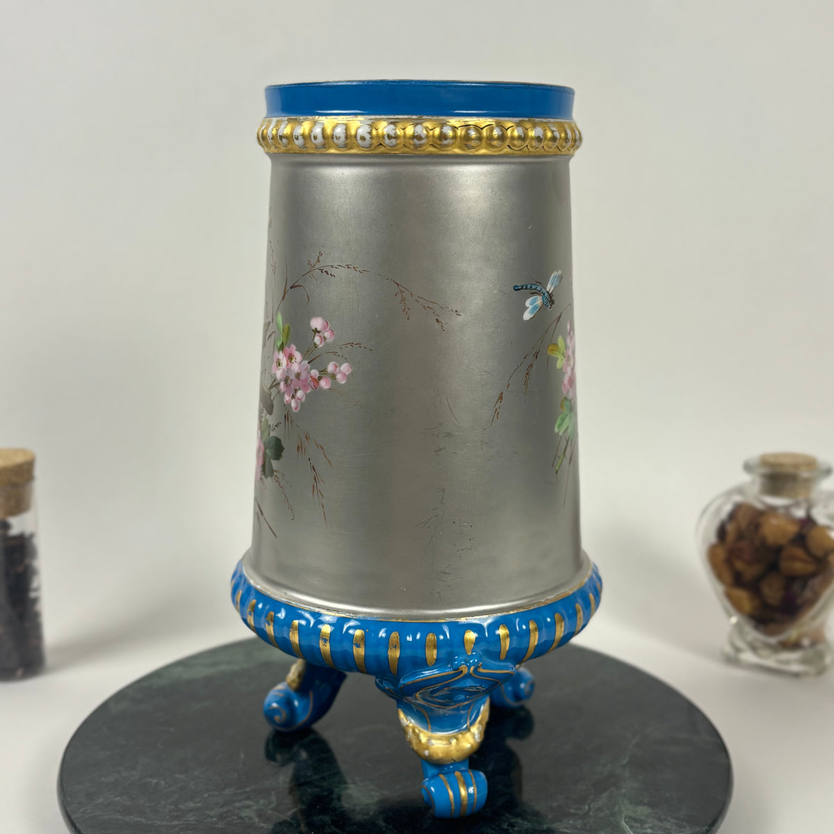 Antique Hand-Painted Bird & Floral Porcelain Vase |⋆˙⟡| Blue & Gold Footed Vase