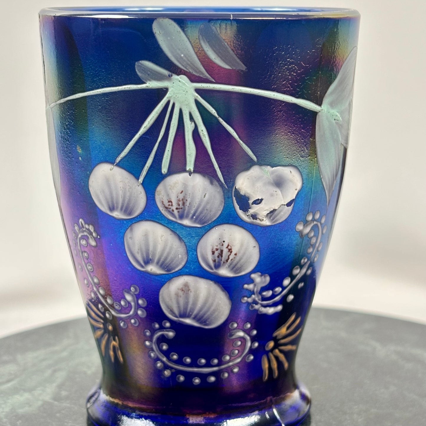 Antique Northwood Blue Carnival Glass Enameled Ground Cherries Tumbler |⋆˙⟡| c. 1910s