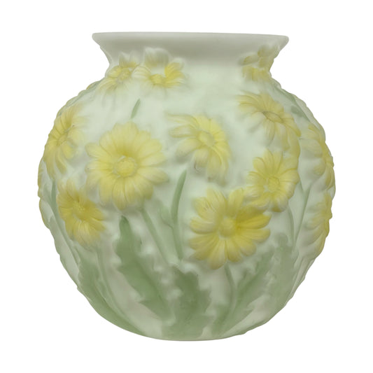 Phoenix Art Glass Yellow Daisy Pattern Vase |⋆˙⟡| Reverse Decorated, c. 1930s–1950s, Sculptured Floral Art Glass