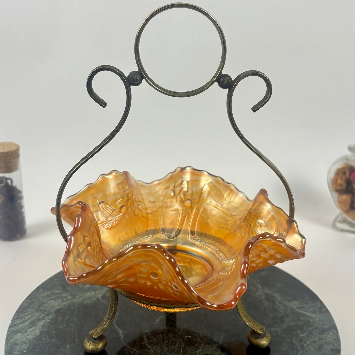 Antique Fenton Sailboats Marigold Carnival Glass Bowl |⋆˙⟡| with Brass Stand, c. Early 1900s