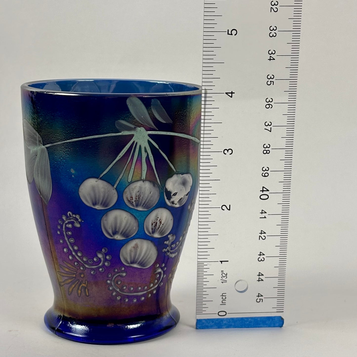 Antique Northwood Blue Carnival Glass Enameled Ground Cherries Tumbler |⋆˙⟡| c. 1910s