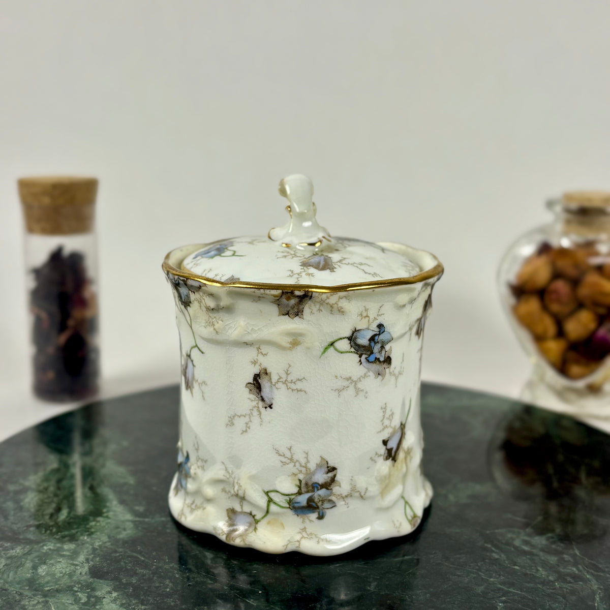 Antique Brown-Westhead, Moore & Co. Cauldon Porcelain Jar |⋆˙⟡| Blue Floral Lidded Vanity Jar