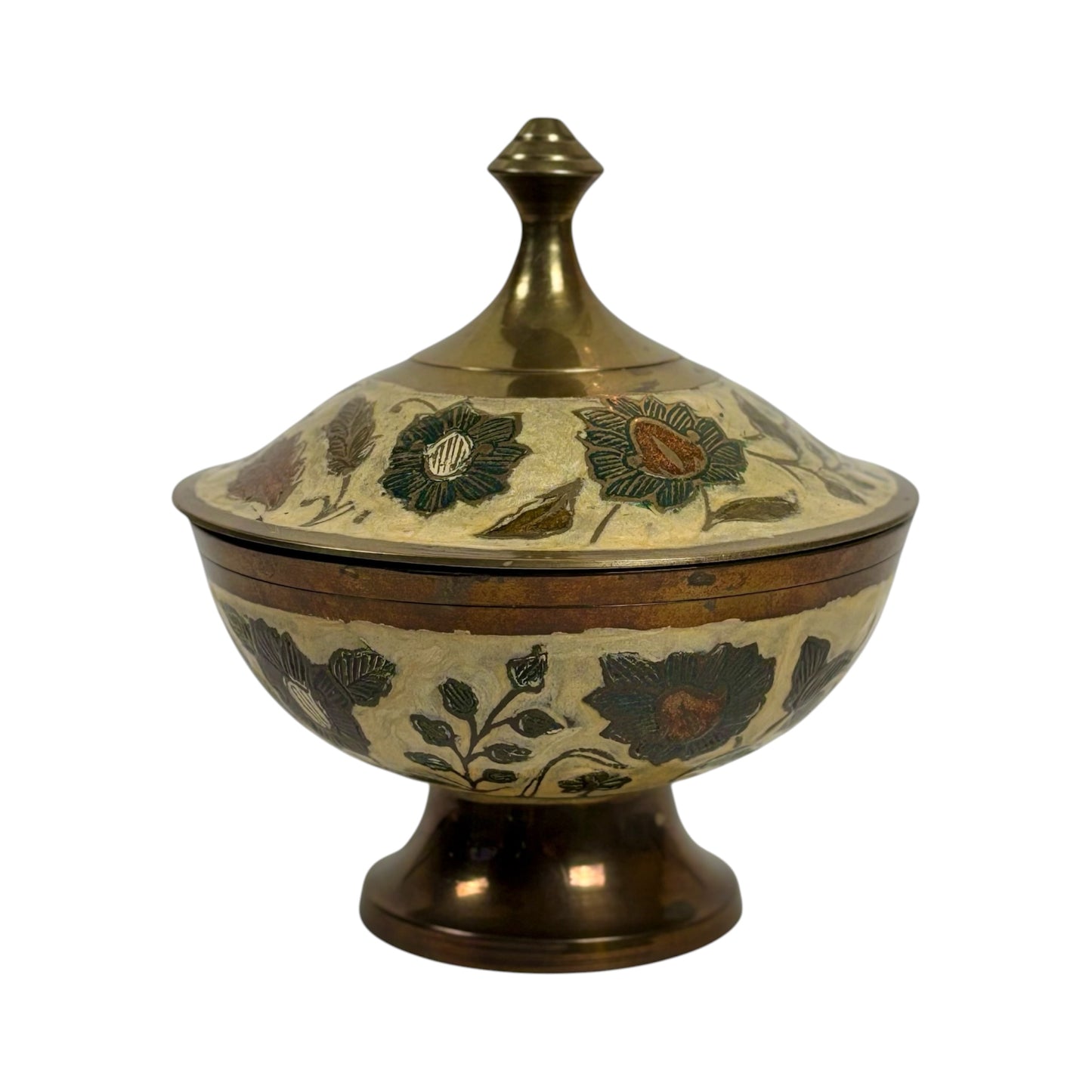 Vintage Floral Brass Tone Pedestal Trinket Dish with Lid |⋆˙⟡ | Made in India