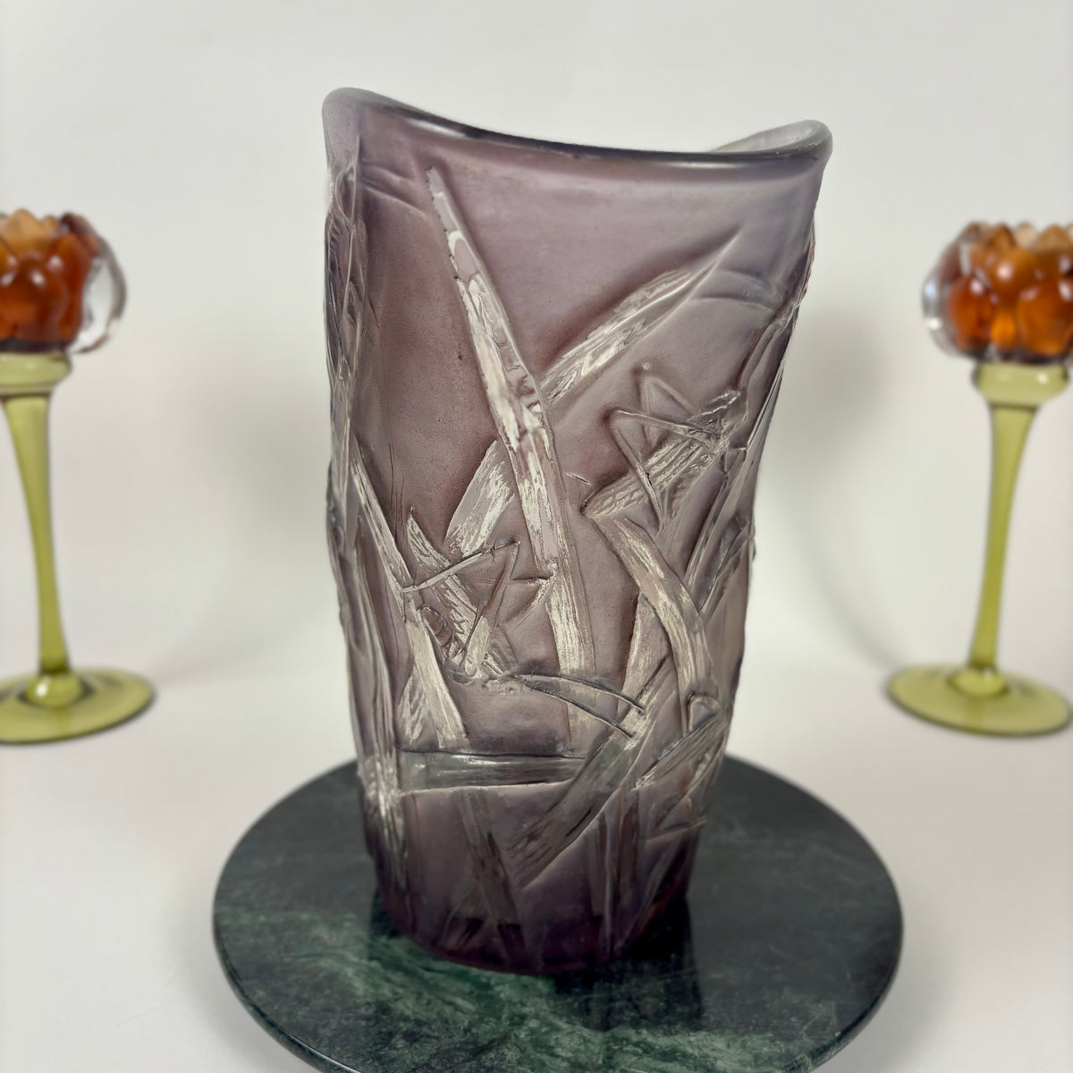 Phoenix Glass Co. “Katydid” Purple Flared Vintage Vase |⋆˙⟡| Grasshopper Art Glass, c. 1930s