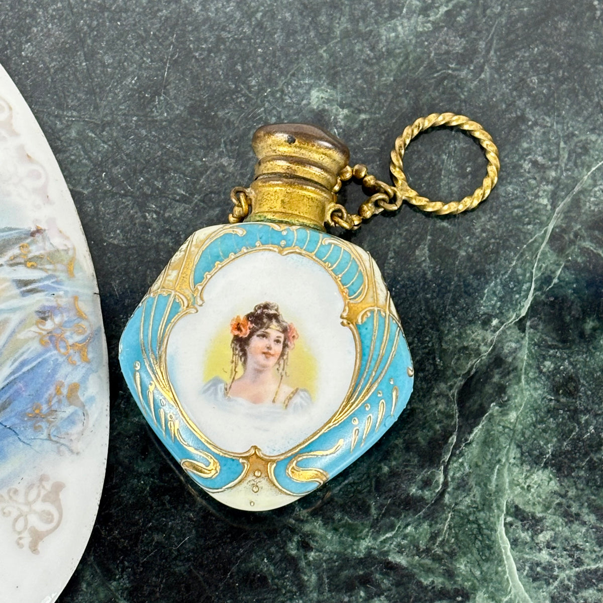 Antique Victorian Lady Portrait Porcelain Trinket Dish & Perfume Bottle Set |⋆˙⟡| Gold Gilt Vanity Decor