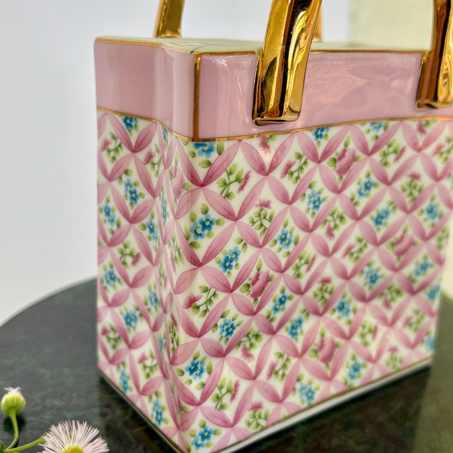 Porcelain Purse Planter / Vase |⋆˙⟡ | Pink Floral Lattice Gold Handle Vanity Decor