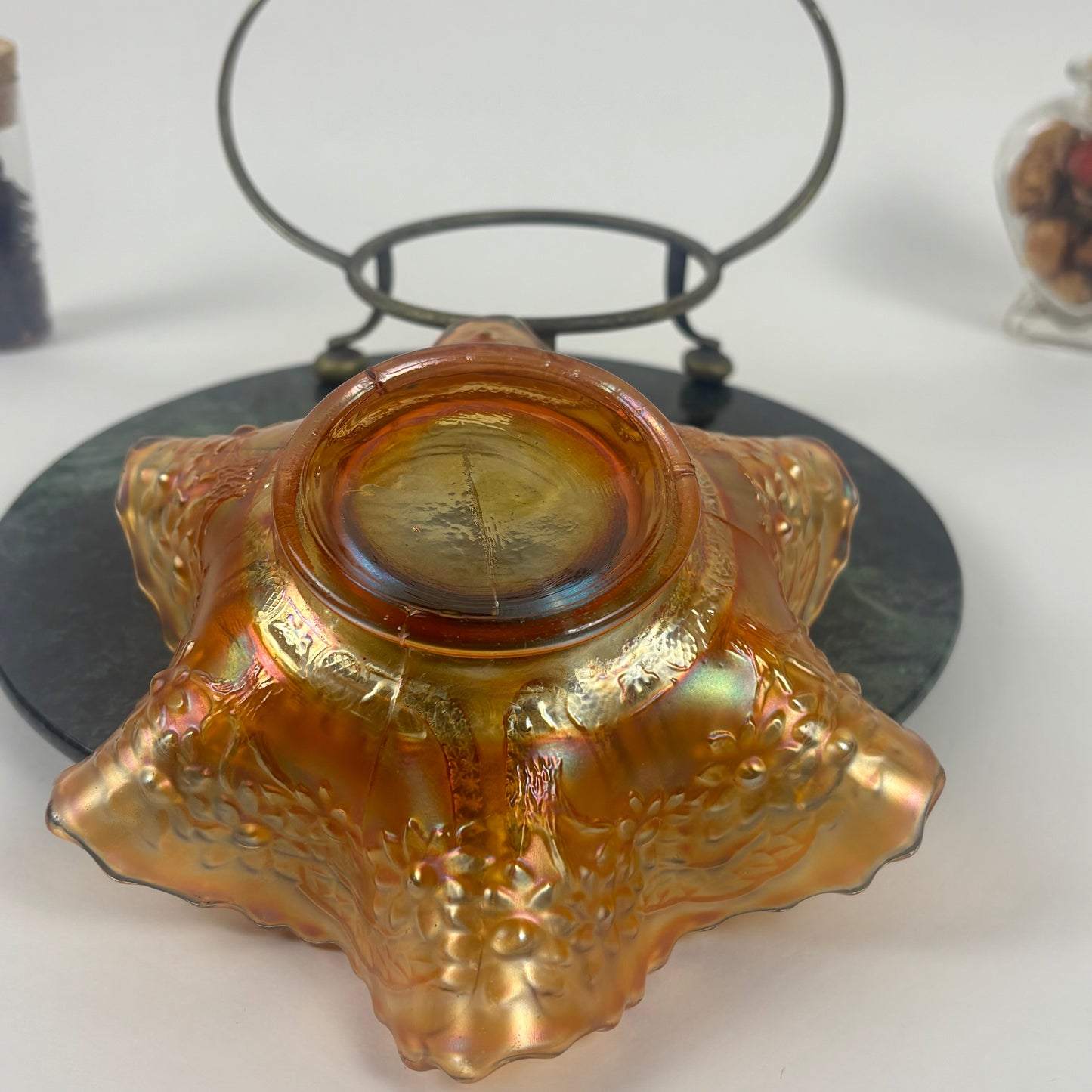 Antique Fenton Sailboats Marigold Carnival Glass Bowl |⋆˙⟡| with Brass Stand, c. Early 1900s