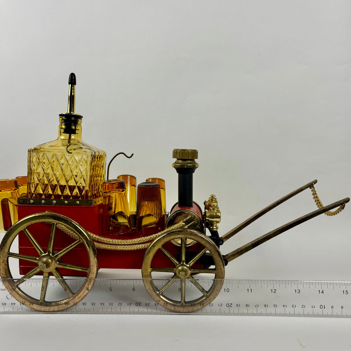 Vintage Japanese Musical Fire Wagon Decanter Set |⋆˙⟡| Amber Glass Barware