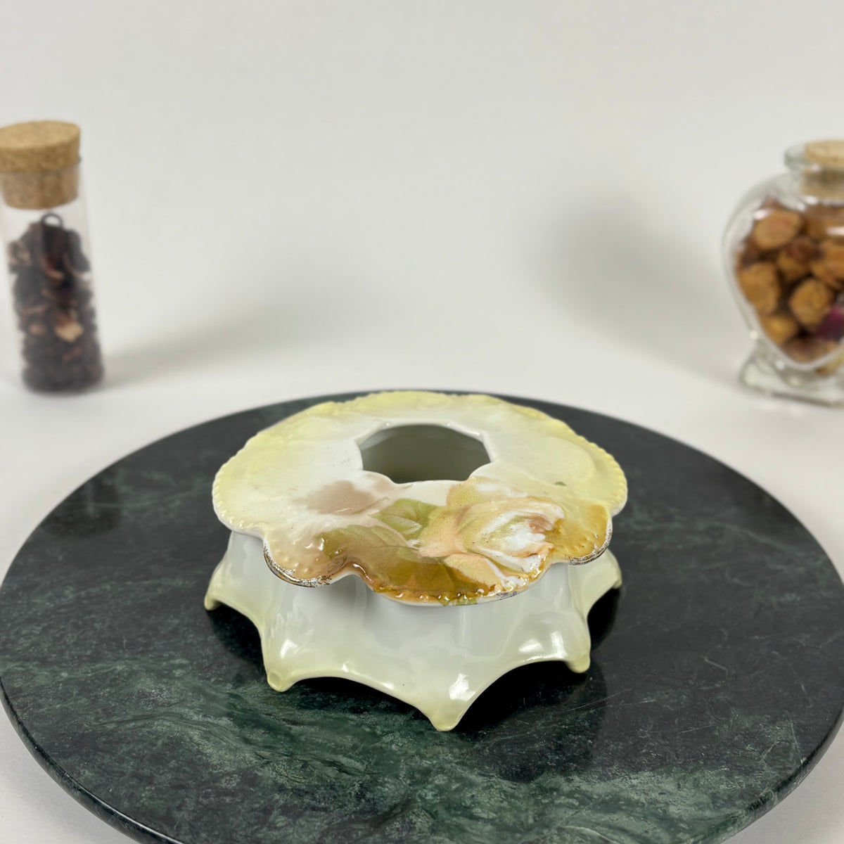 Antique German Porcelain Hair Receiver |⋆˙⟡| Hand Painted Yellow Roses Vanity Dish