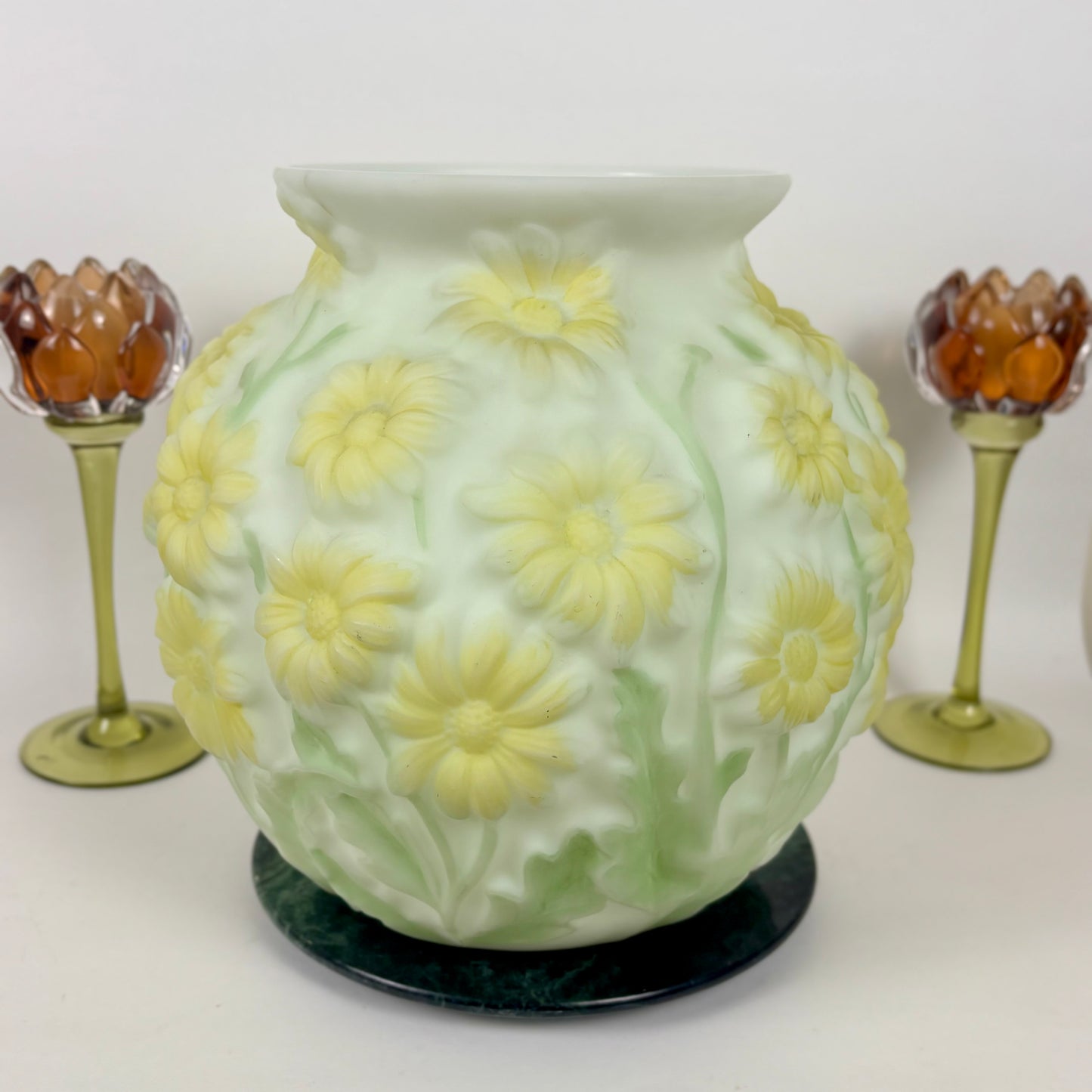 Phoenix Art Glass Yellow Daisy Pattern Vase |⋆˙⟡| Reverse Decorated, c. 1930s–1950s, Sculptured Floral Art Glass