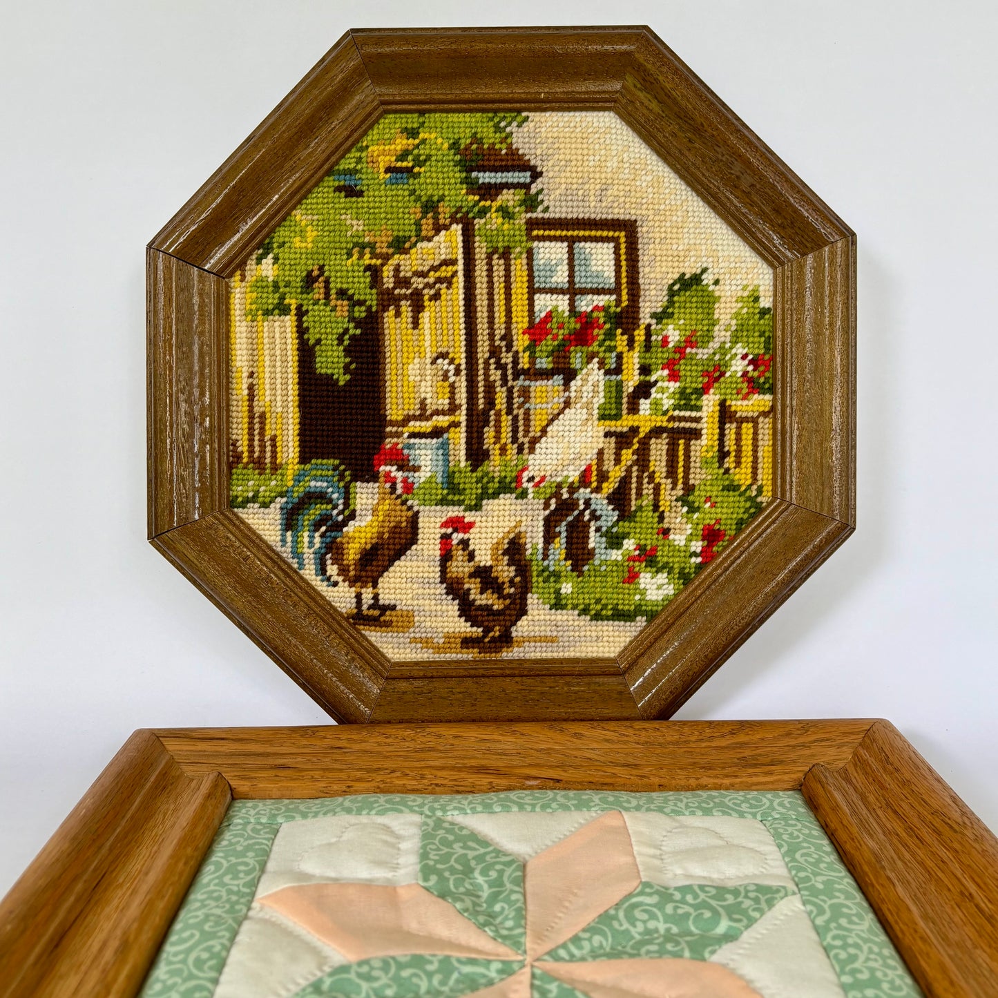 90's Handmade Framed Wall Art Set (2) ⋆˙⟡  Needlepoint Farm Scene + Quilt Block