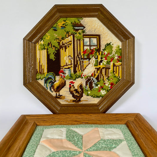 90's Handmade Framed Wall Art Set (2) |⋆˙⟡ |  Needlepoint Farm Scene + Quilt Block