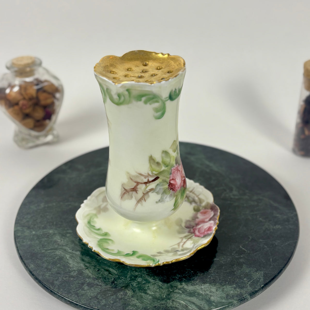 Antique Hand Painted Porcelain Hatpin Holder, Flower Frog |⋆˙⟡| Pink Roses & Gold