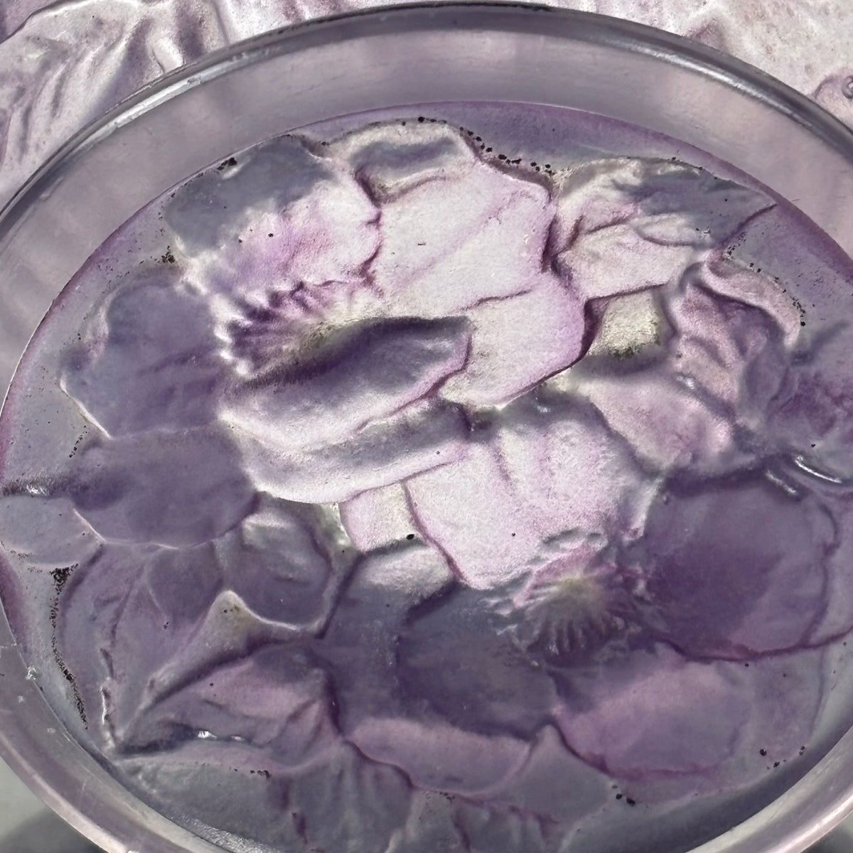 Vintage Consolidated Glass Co. Purple Wash Martelé |⋆˙⟡| Floral Design Footed Bowl, C. 1920s