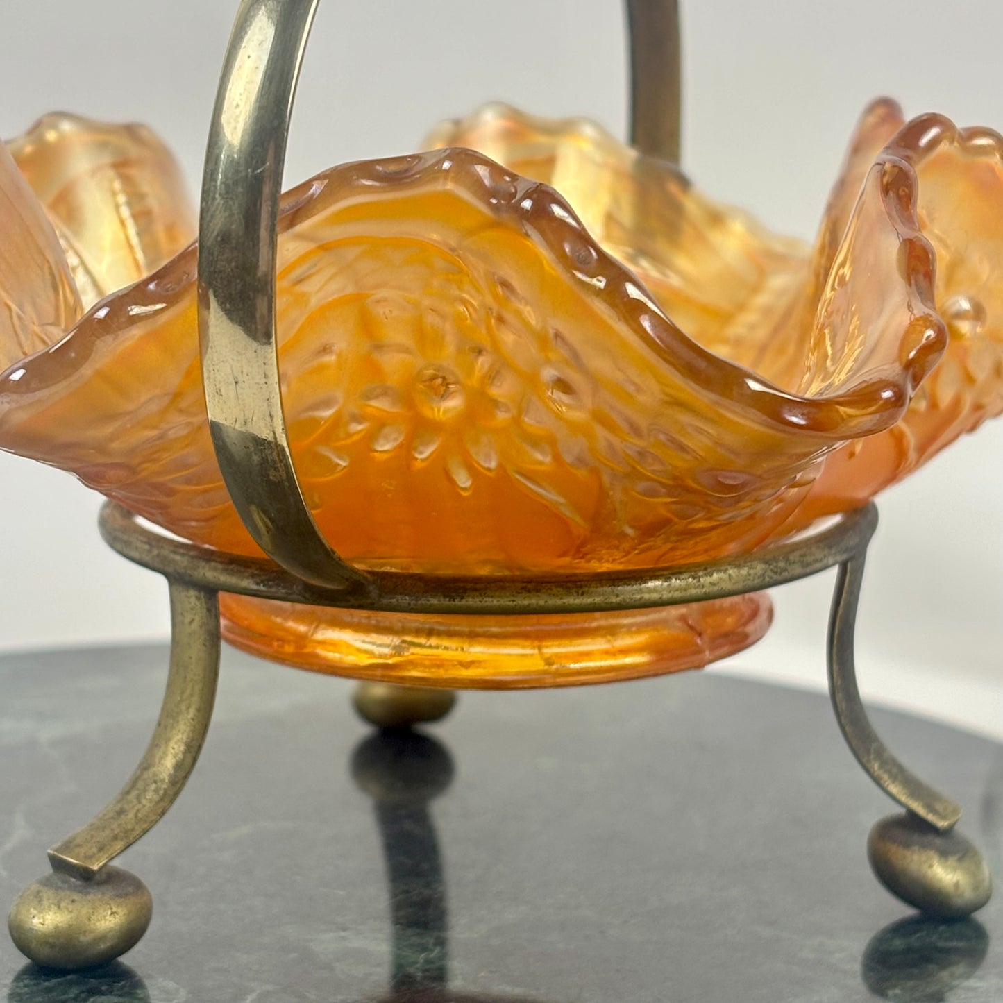 Antique Fenton Sailboats Marigold Carnival Glass Bowl |⋆˙⟡| with Brass Stand, c. Early 1900s