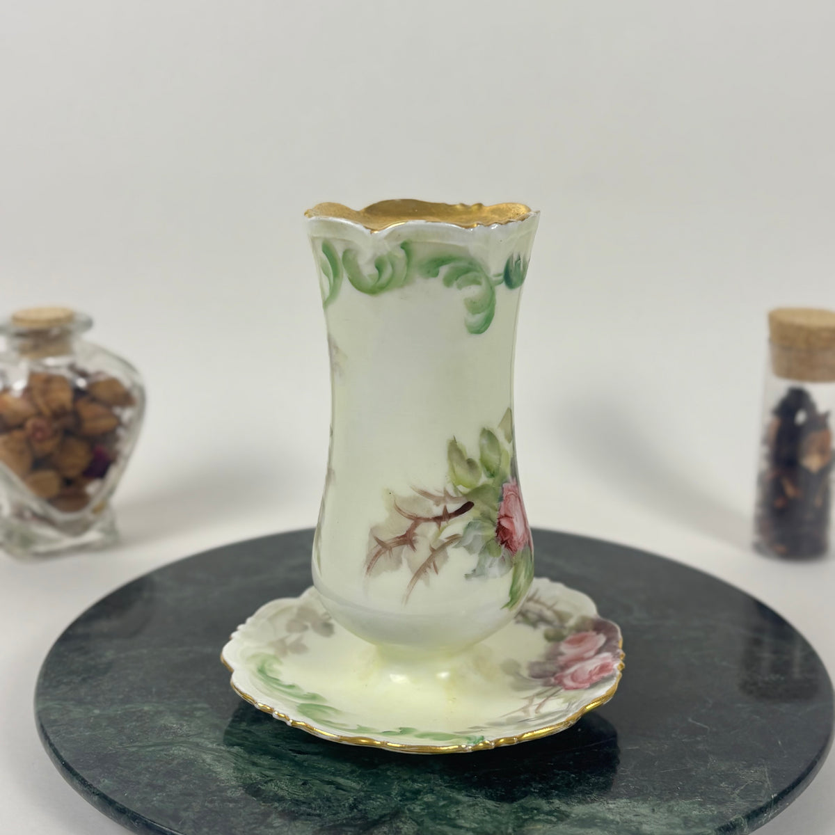Antique Hand Painted Porcelain Hatpin Holder, Flower Frog |⋆˙⟡| Pink Roses & Gold