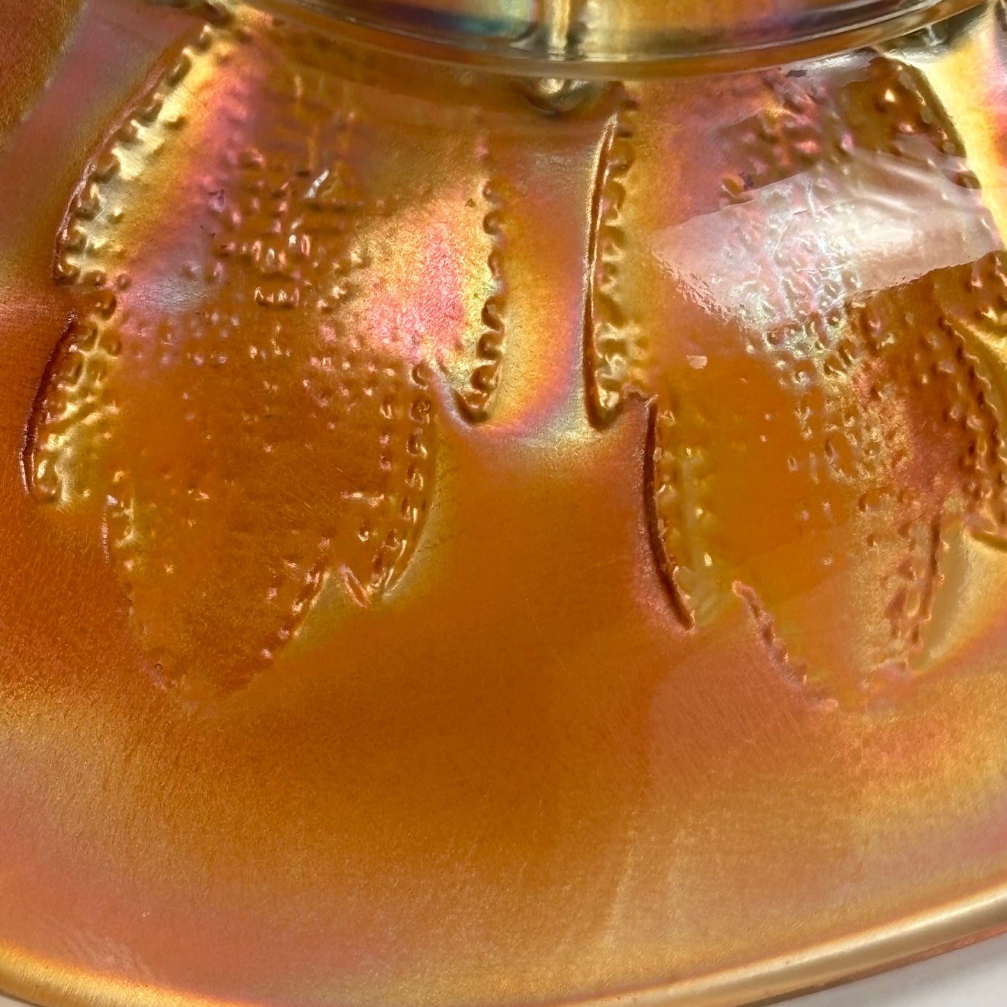 Antique Dugan Glass Leaf Ray Marigold Carnival Glass Nappy Dish |⋆˙⟡| Iridescent Handled Bowl, c. 1910