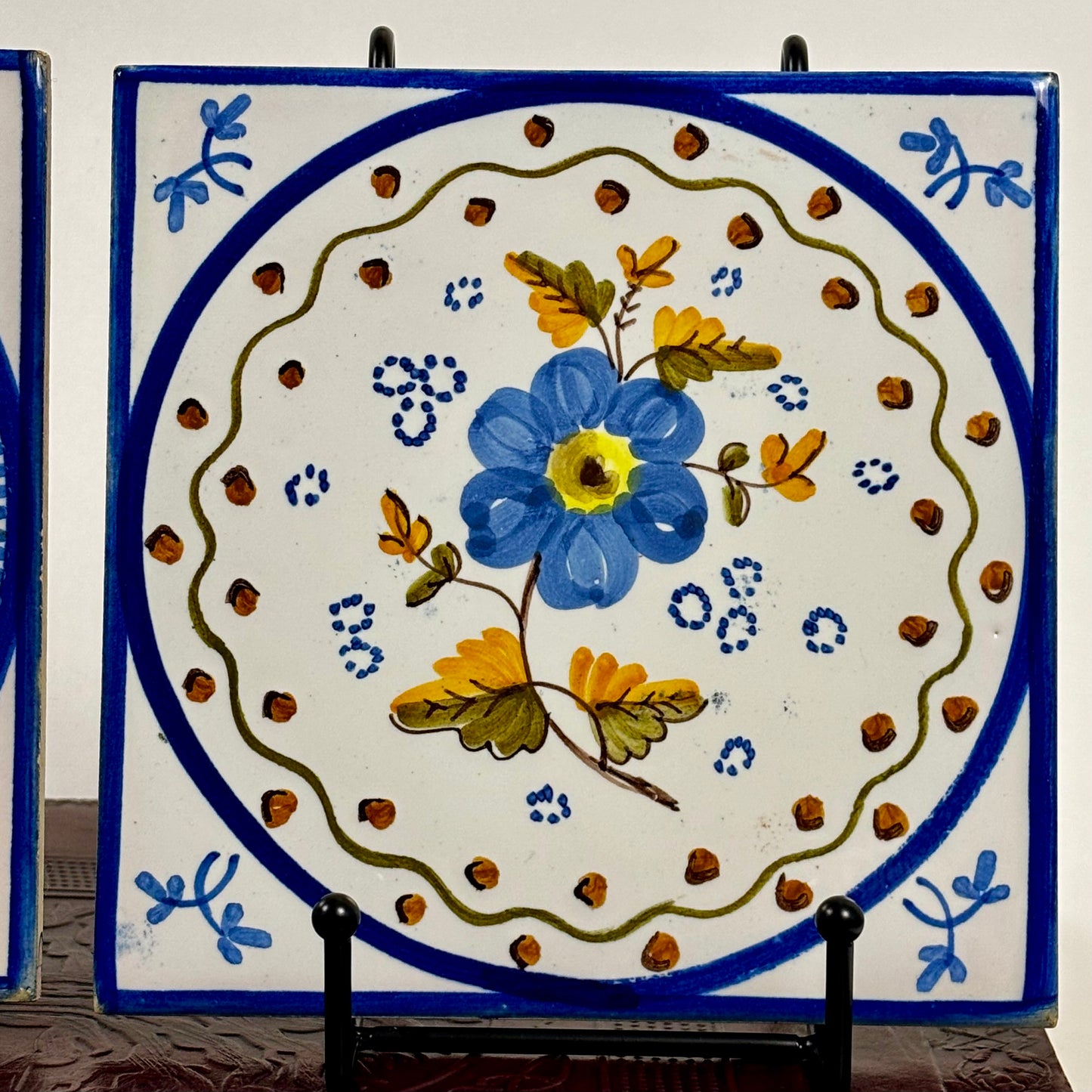 Vintage Hand Painted Floral Ceramic Wall Tiles |⋆˙⟡ | Set of 2, Blue & White Folk Art Tiles