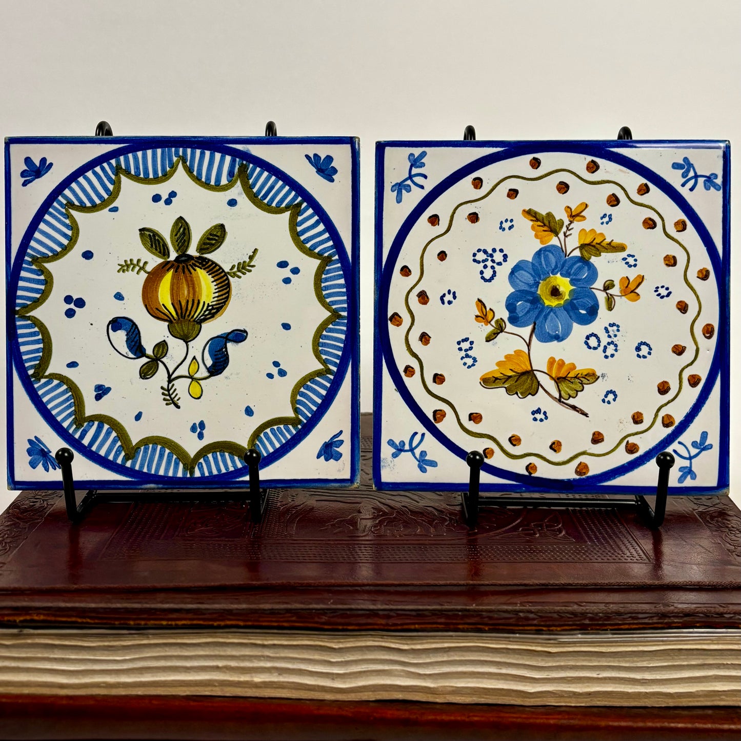 Vintage Hand Painted Floral Ceramic Wall Tiles |⋆˙⟡ | Set of 2, Blue & White Folk Art Tiles