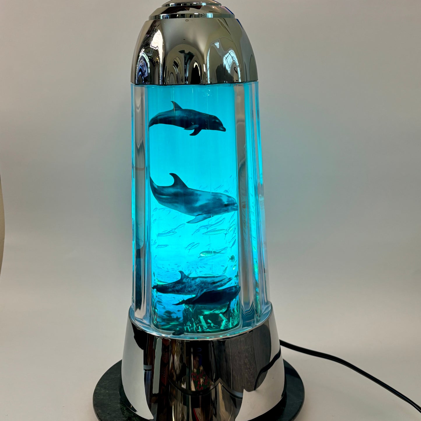 1994 Rabbit Tanaka Dolphin Motion Lamp / Rotating Ocean Scene Light |⋆˙⟡ | Blue & Chrome Retro Desktop Lamp