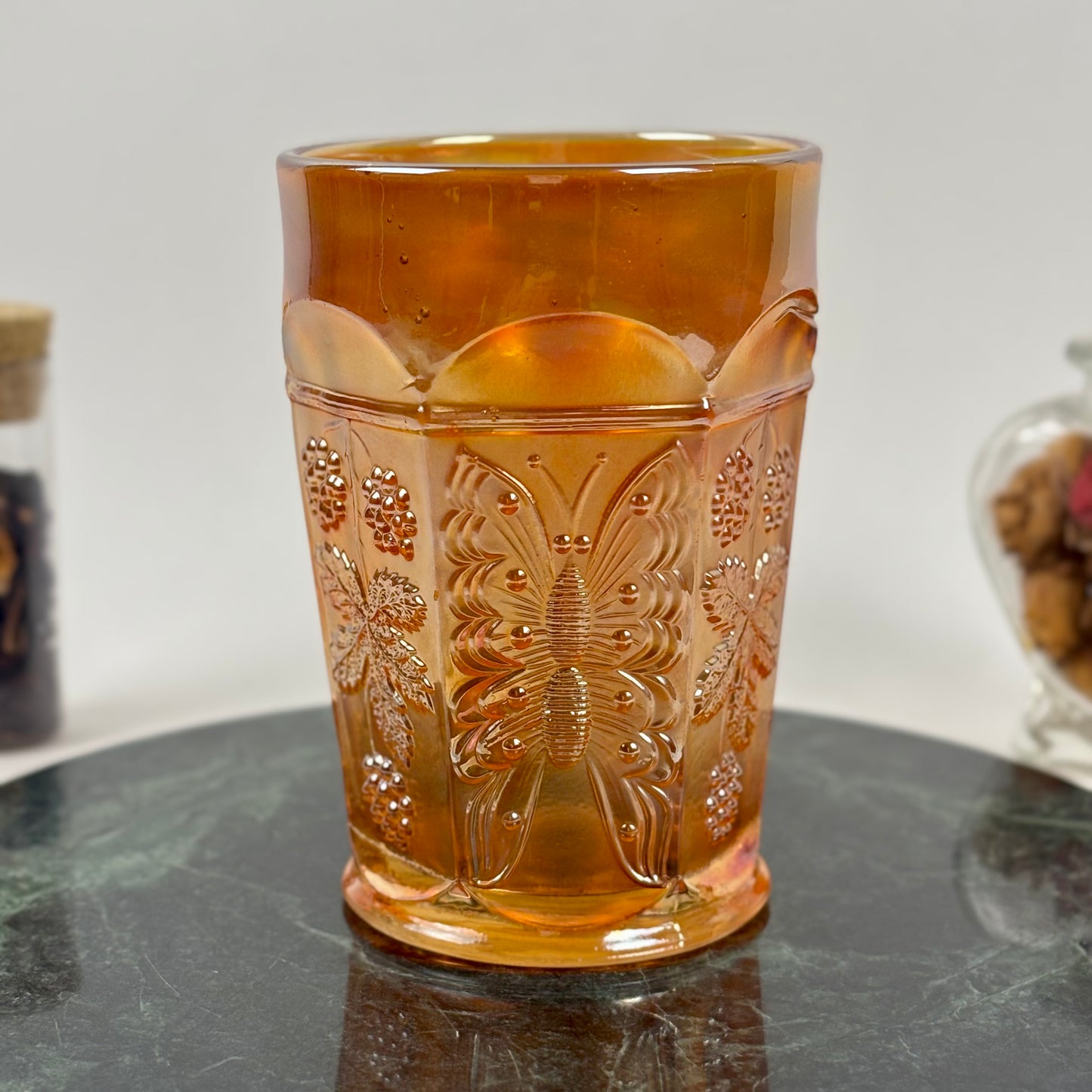 Antique Fenton Butterfly & Berry Marigold Carnival Glass Juice Tumbler |⋆˙⟡| c. 1911
