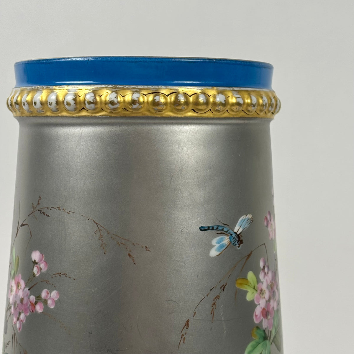 Antique Hand-Painted Bird & Floral Porcelain Vase |⋆˙⟡| Blue & Gold Footed Vase