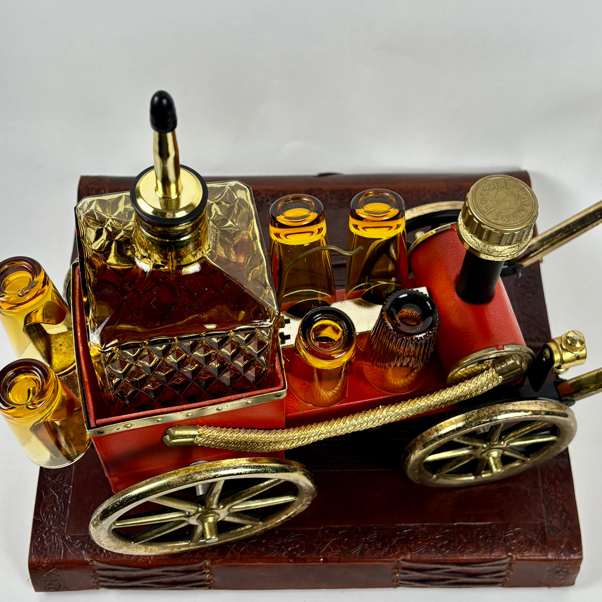 Vintage Japanese Musical Fire Wagon Decanter Set |⋆˙⟡| Amber Glass Barware