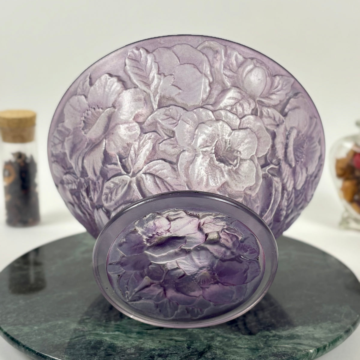 Vintage Consolidated Glass Co. Purple Wash Martelé |⋆˙⟡| Floral Design Footed Bowl, C. 1920s