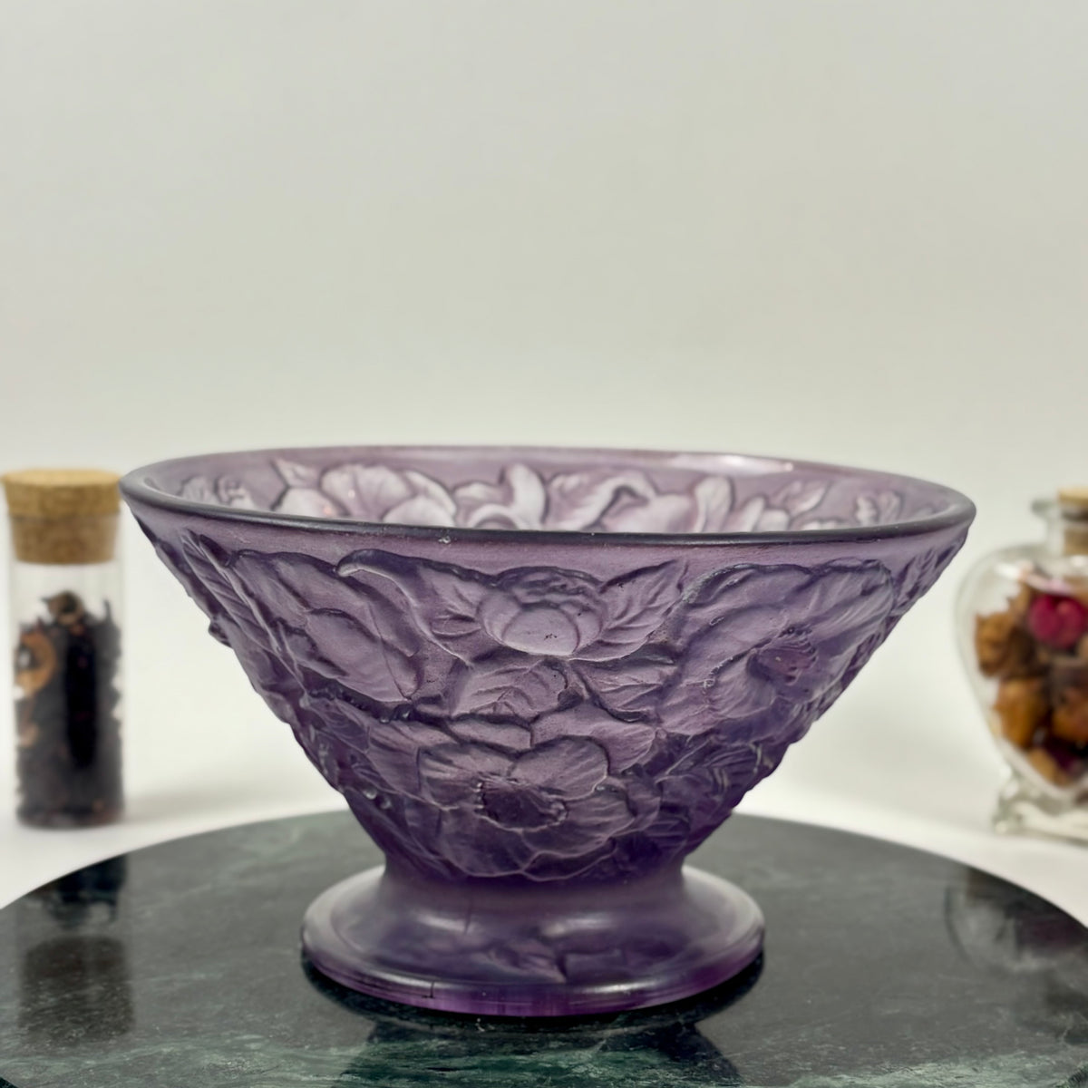 Vintage Consolidated Glass Co. Purple Wash Martelé |⋆˙⟡| Floral Design Footed Bowl, C. 1920s