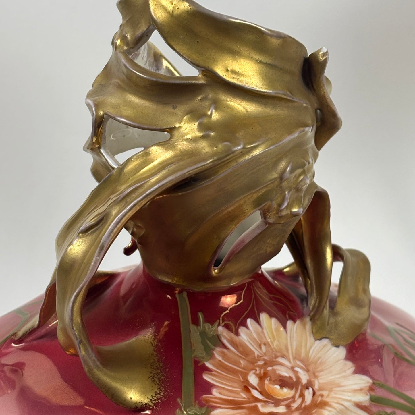 Vintage Art Nouveau Hand-Painted Pink Floral |⋆˙⟡| Porcelain Vase with Gilt Handles